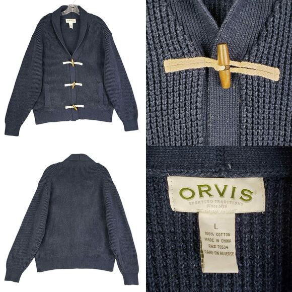 Orvis Cardigan Sweater Shawl Collar Toggle Button Chunky Knit Men's Large Blue - Picture 1 of 8